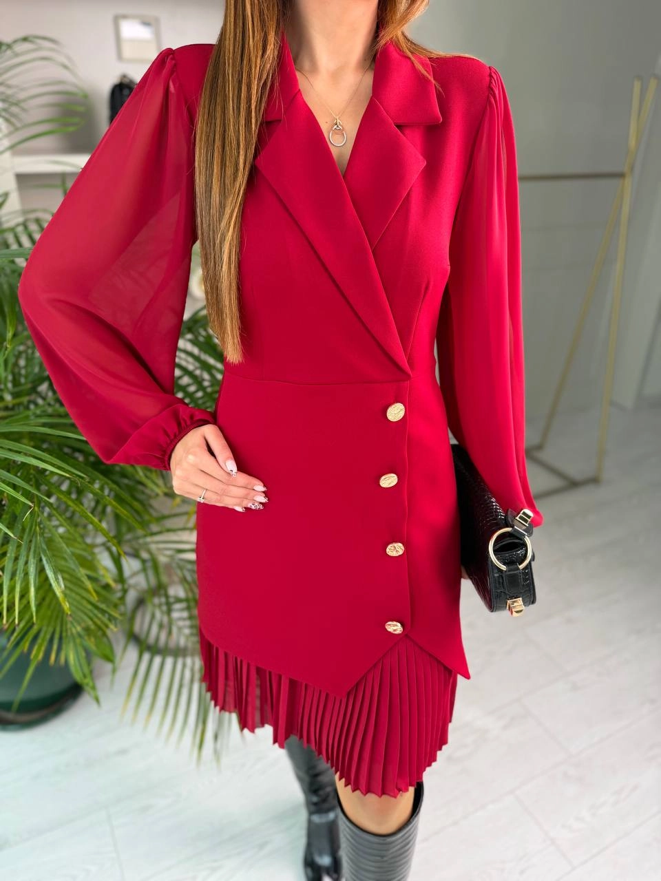 Bordo%20Tasarım%20Pilise%20Detaylı%20Astarlı%20Elbise