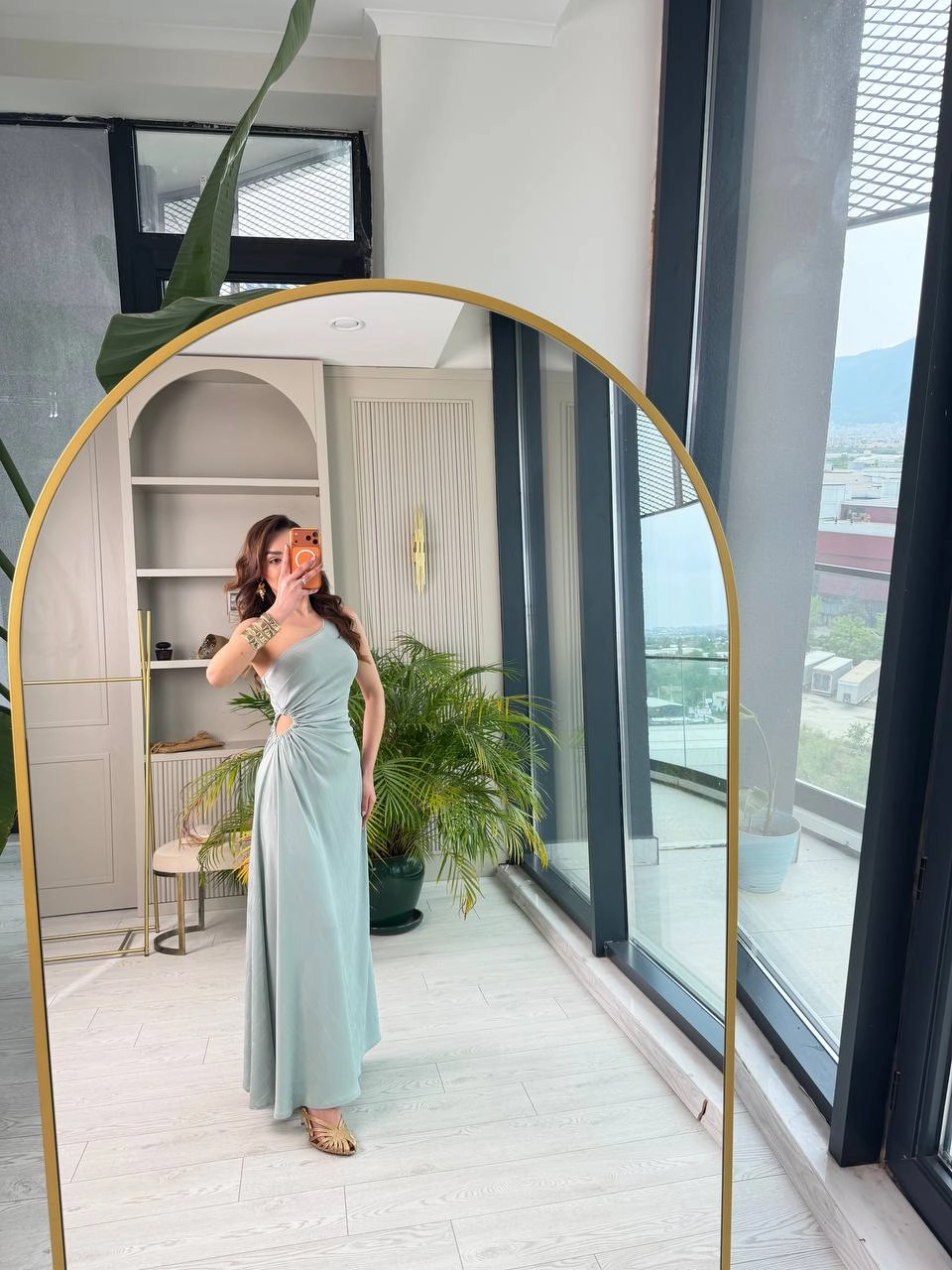Tasarım%20Mint%20Jakarlı%20Saten%20Bel%20Detay%20Elbise