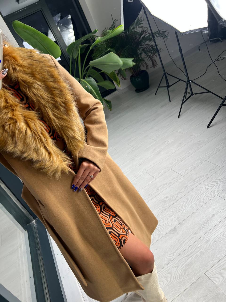 Camel Kürk Yaka Detaylı Astarlı Premium Seri Kaşe Kaban