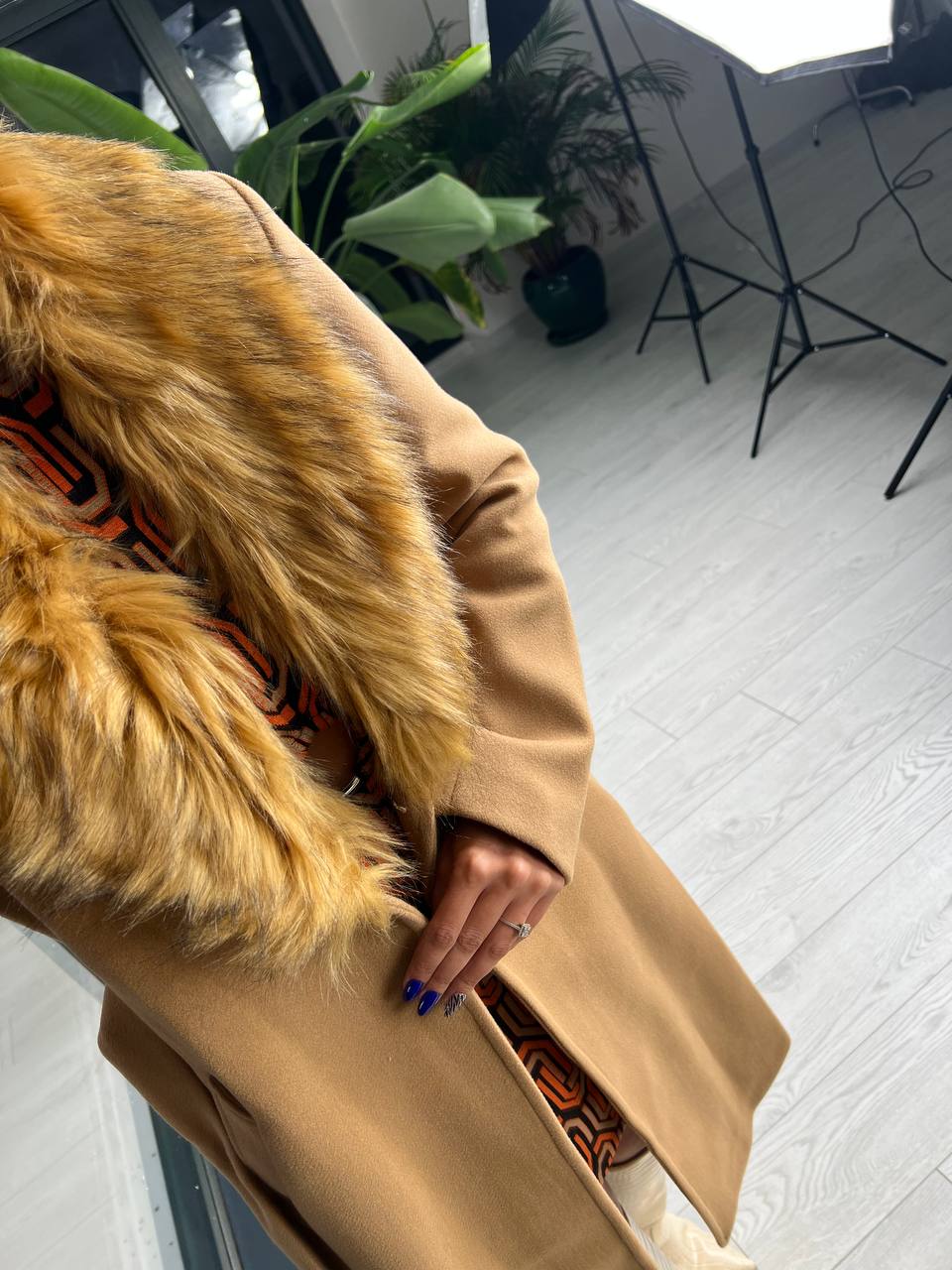 Camel Kürk Yaka Detaylı Astarlı Premium Seri Kaşe Kaban