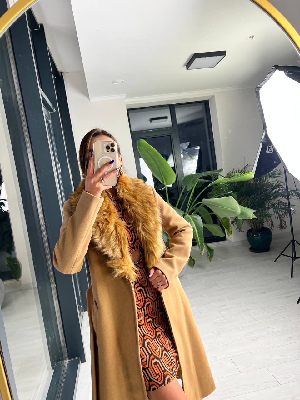 Camel Kürk Yaka Detaylı Astarlı Premium Seri Kaşe Kaban