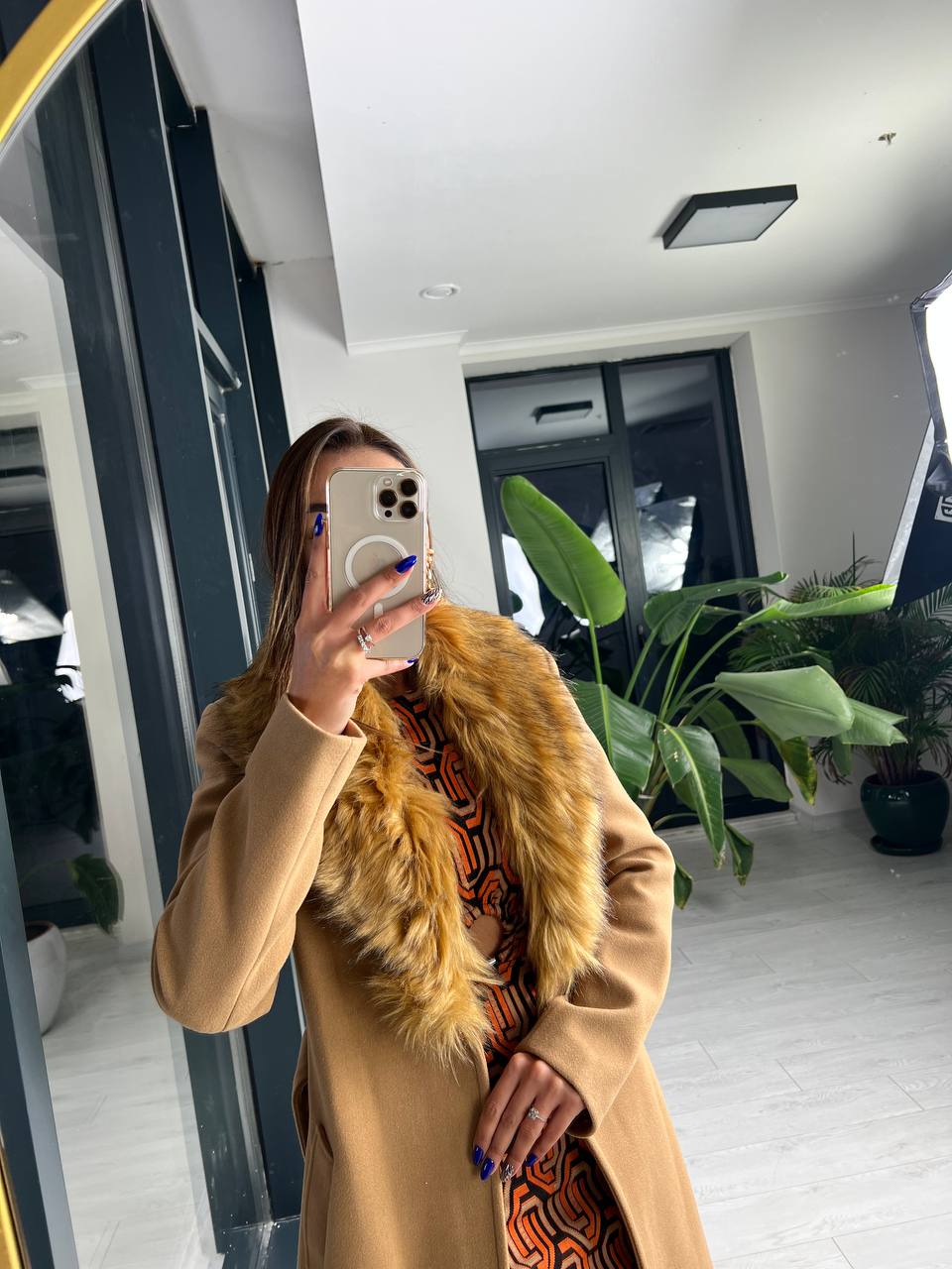 Camel Kürk Yaka Detaylı Astarlı Premium Seri Kaşe Kaban