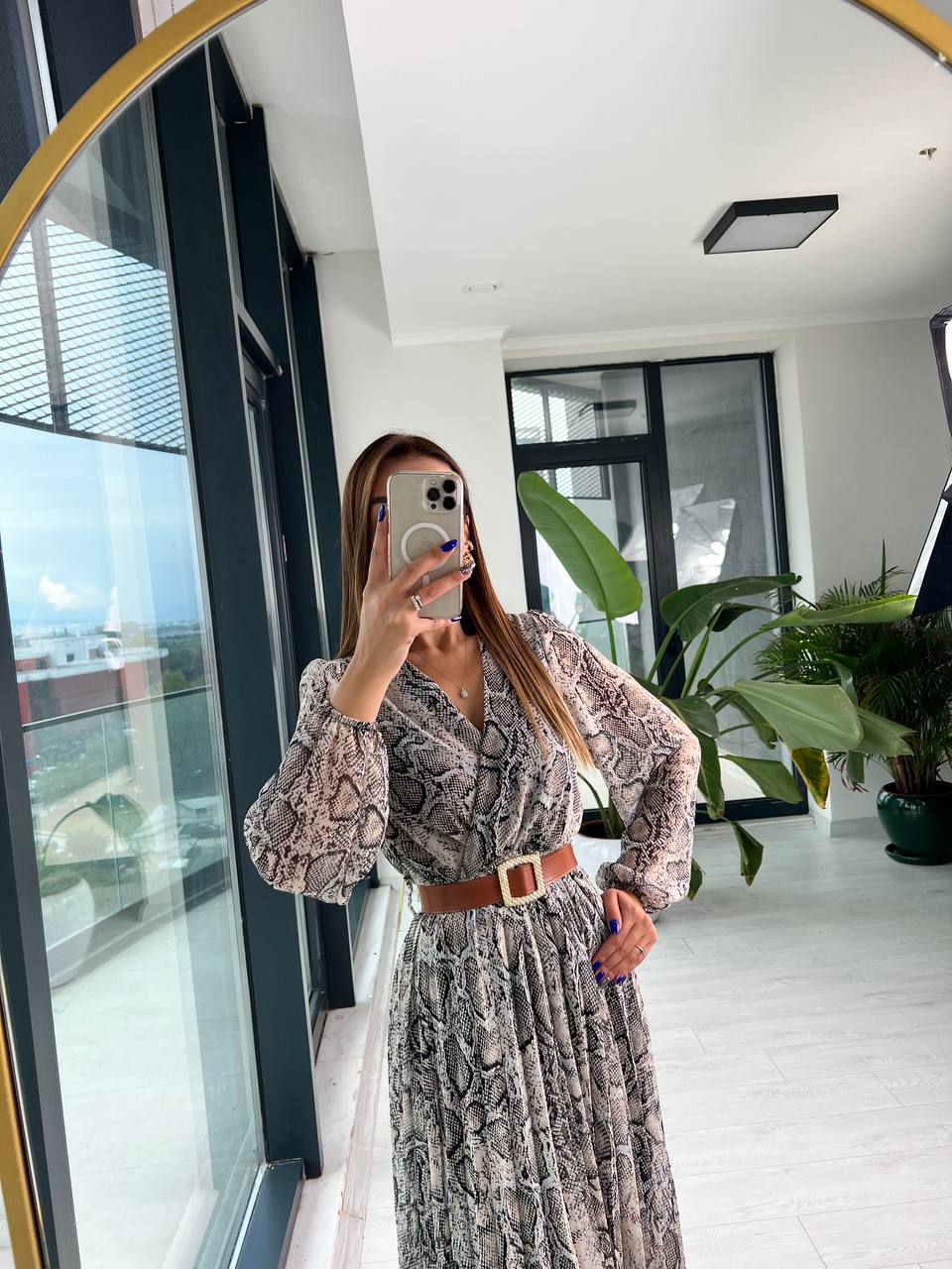 Yılan Desen Kemerli Astarlı şifon Piliseli Elbise