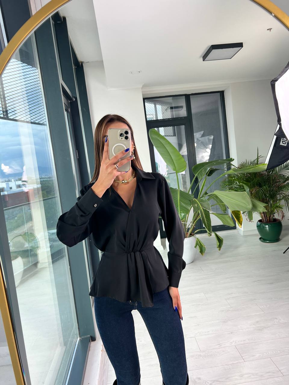 Siyah Beli Lastikli Lüks ipekli Krep Bluz