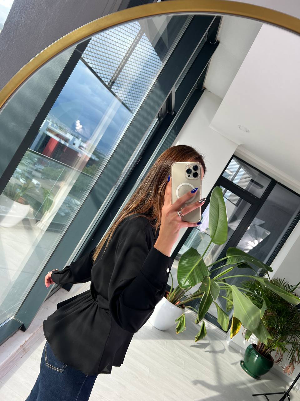 Siyah Beli Lastikli Lüks ipekli Krep Bluz