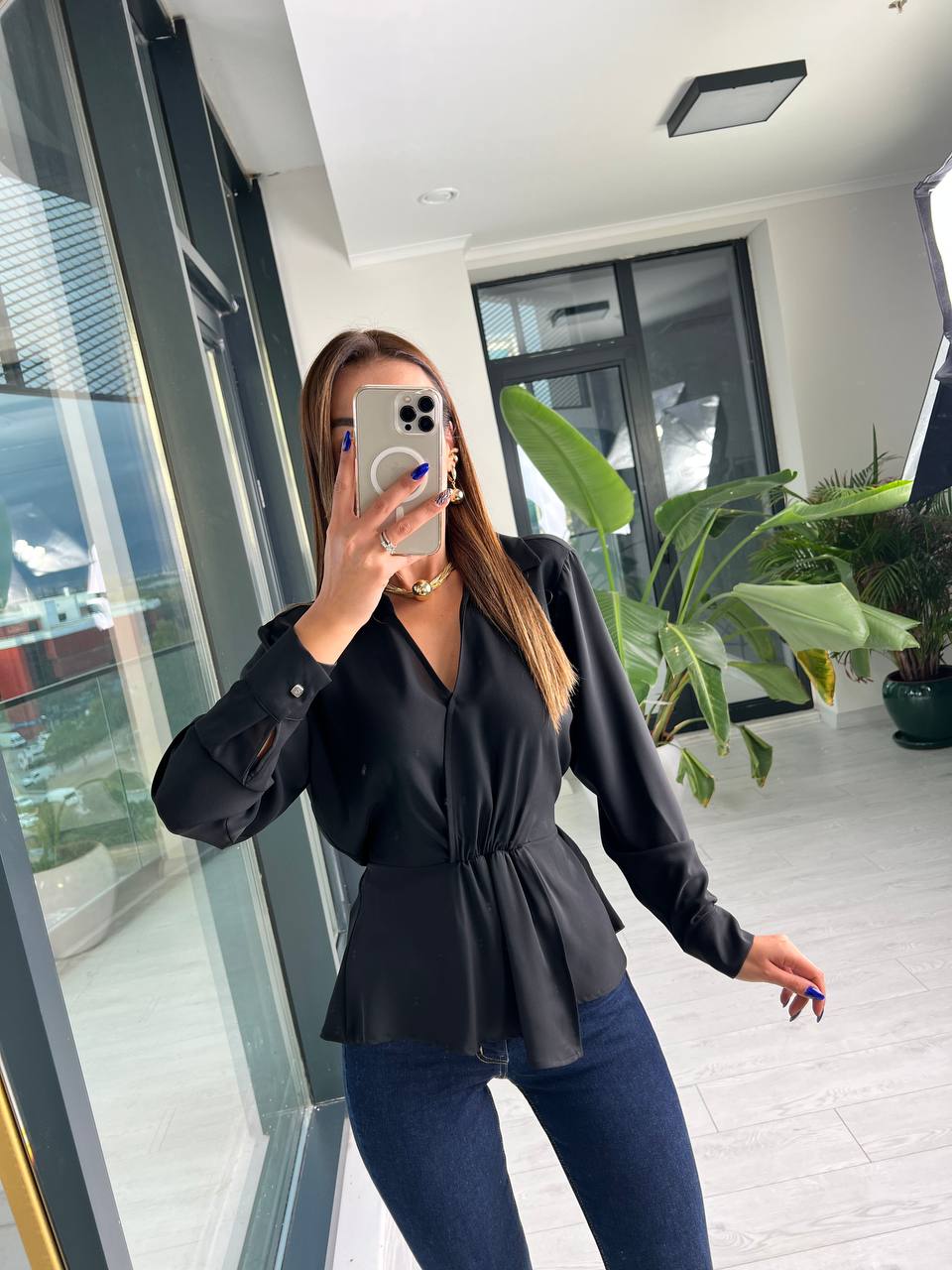 Siyah Beli Lastikli Lüks ipekli Krep Bluz