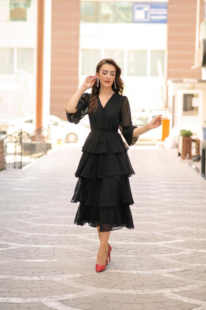 Siyah%20Şifon%20Kat%20Kat%20Elbise