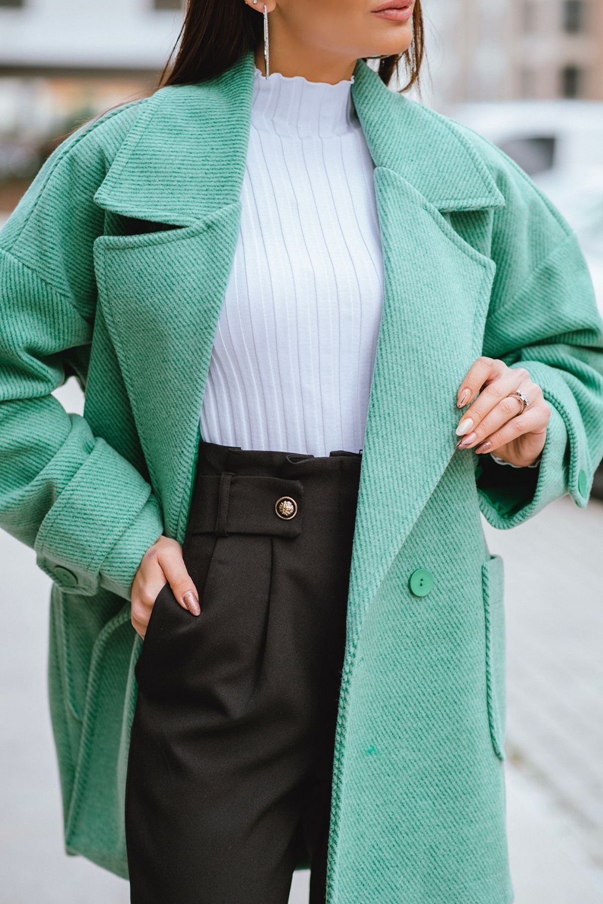 Yeşil Oversize Astarlı Çizgili Lüks Kaban