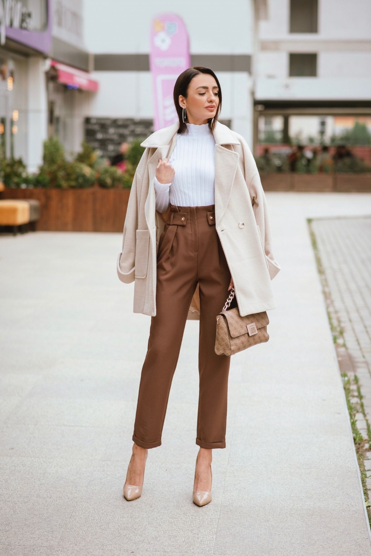 Taş Rengi Oversize Astarlı Çizgili Lüks Kaban