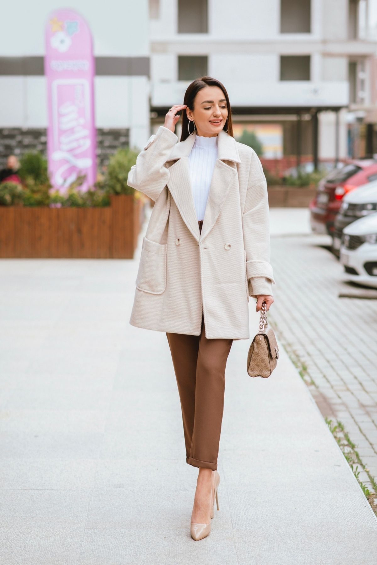 Taş Rengi Oversize Astarlı Çizgili Lüks Kaban