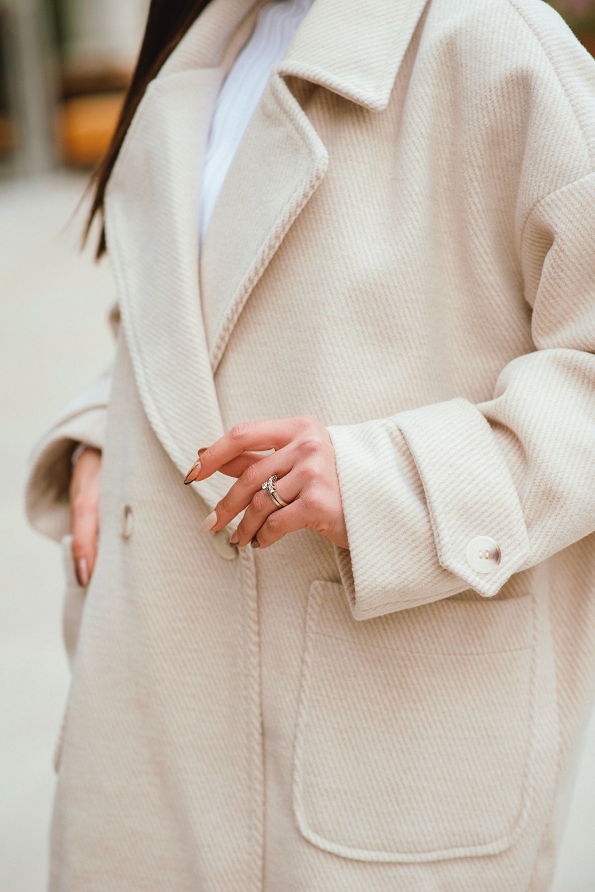 Taş Rengi Oversize Astarlı Çizgili Lüks Kaban