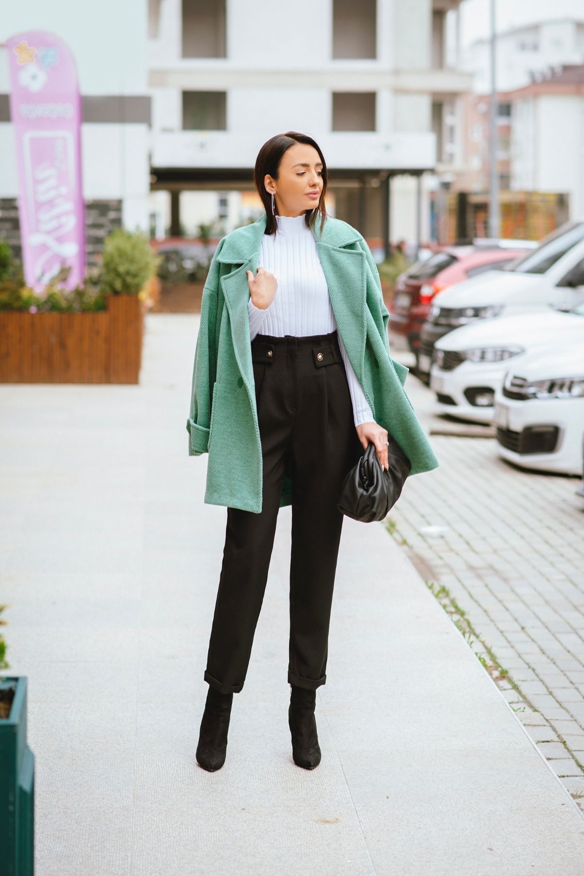 Yeşil Oversize Astarlı Çizgili Lüks Kaban