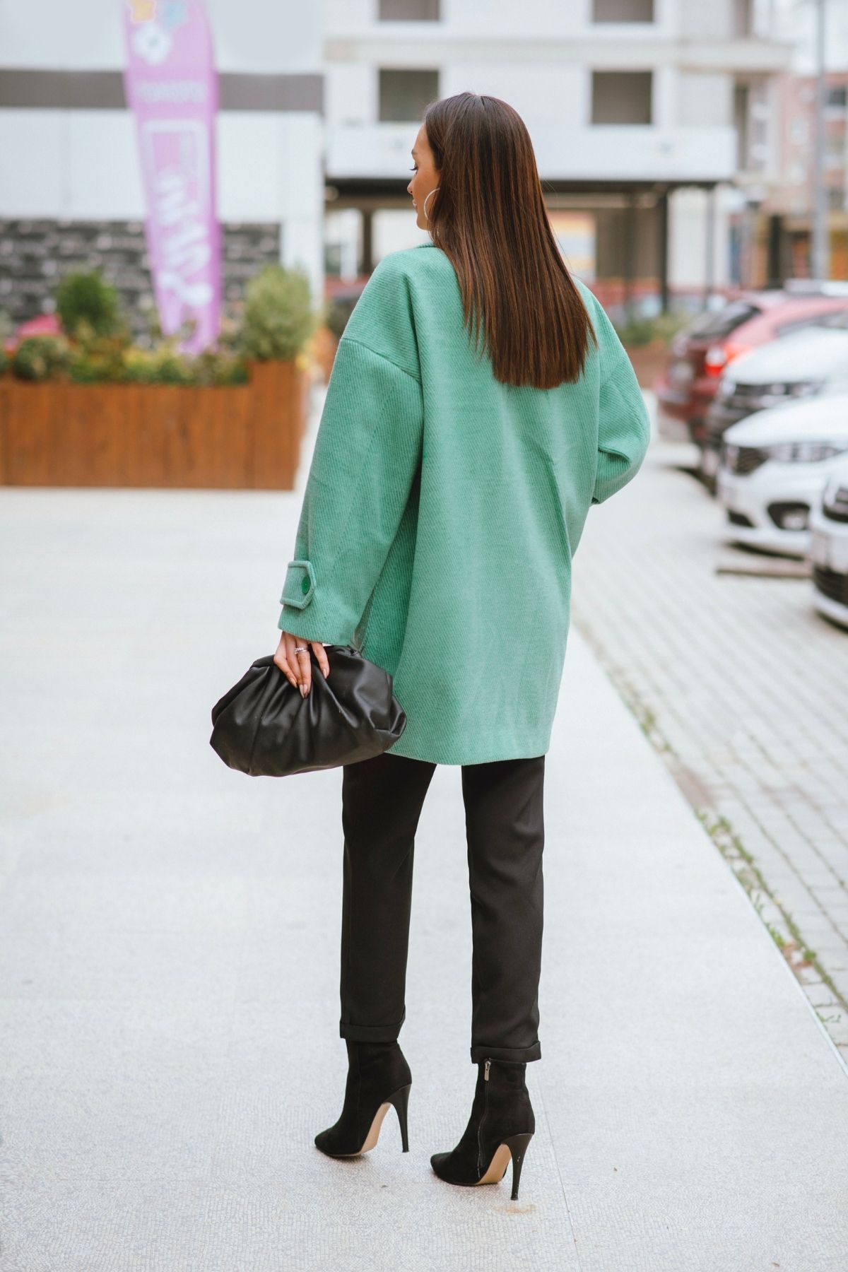 Yeşil Oversize Astarlı Çizgili Lüks Kaban