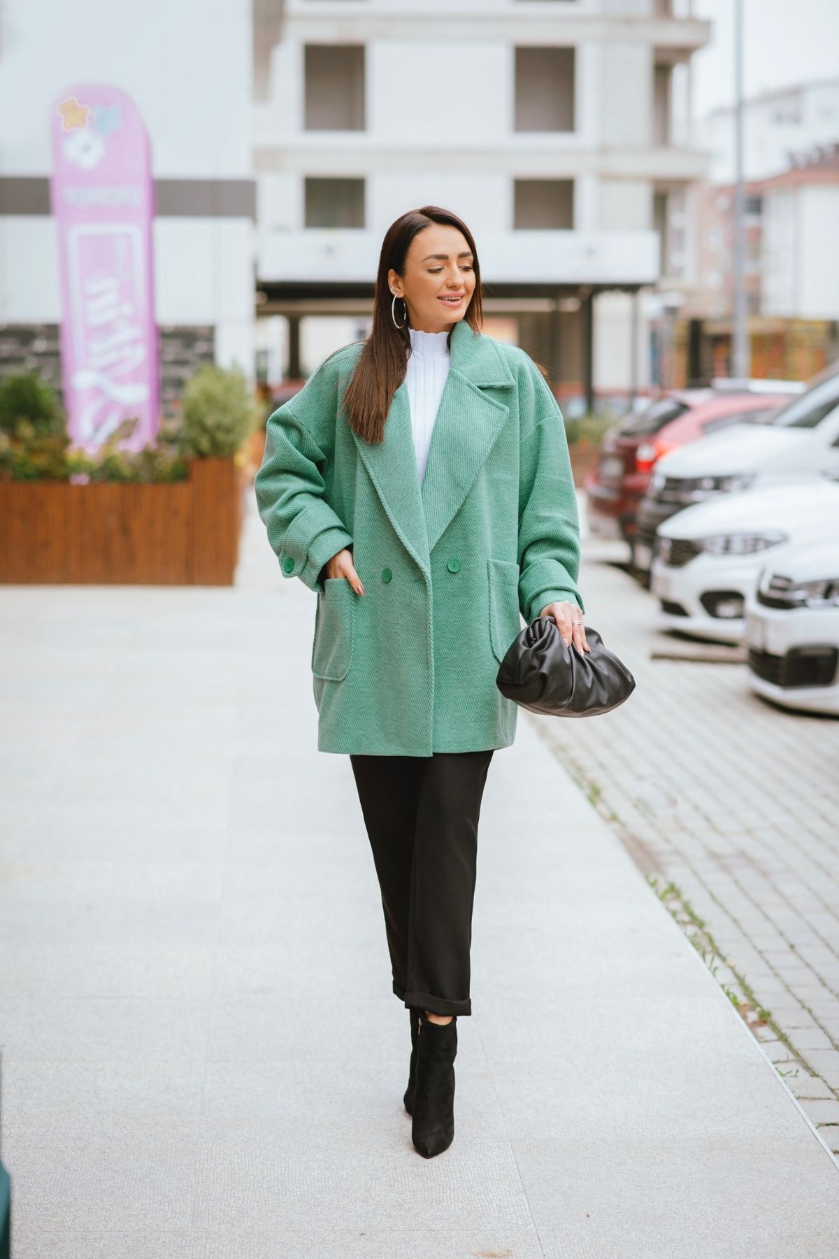Yeşil Oversize Astarlı Çizgili Lüks Kaban