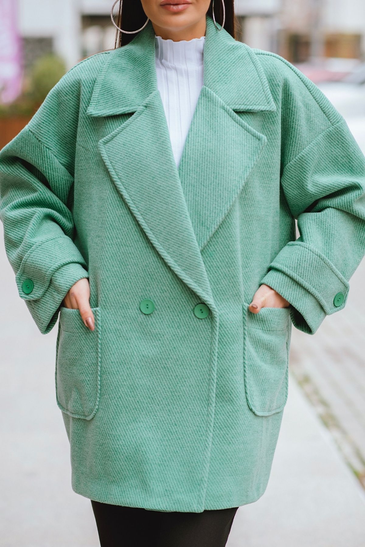Yeşil Oversize Astarlı Çizgili Lüks Kaban
