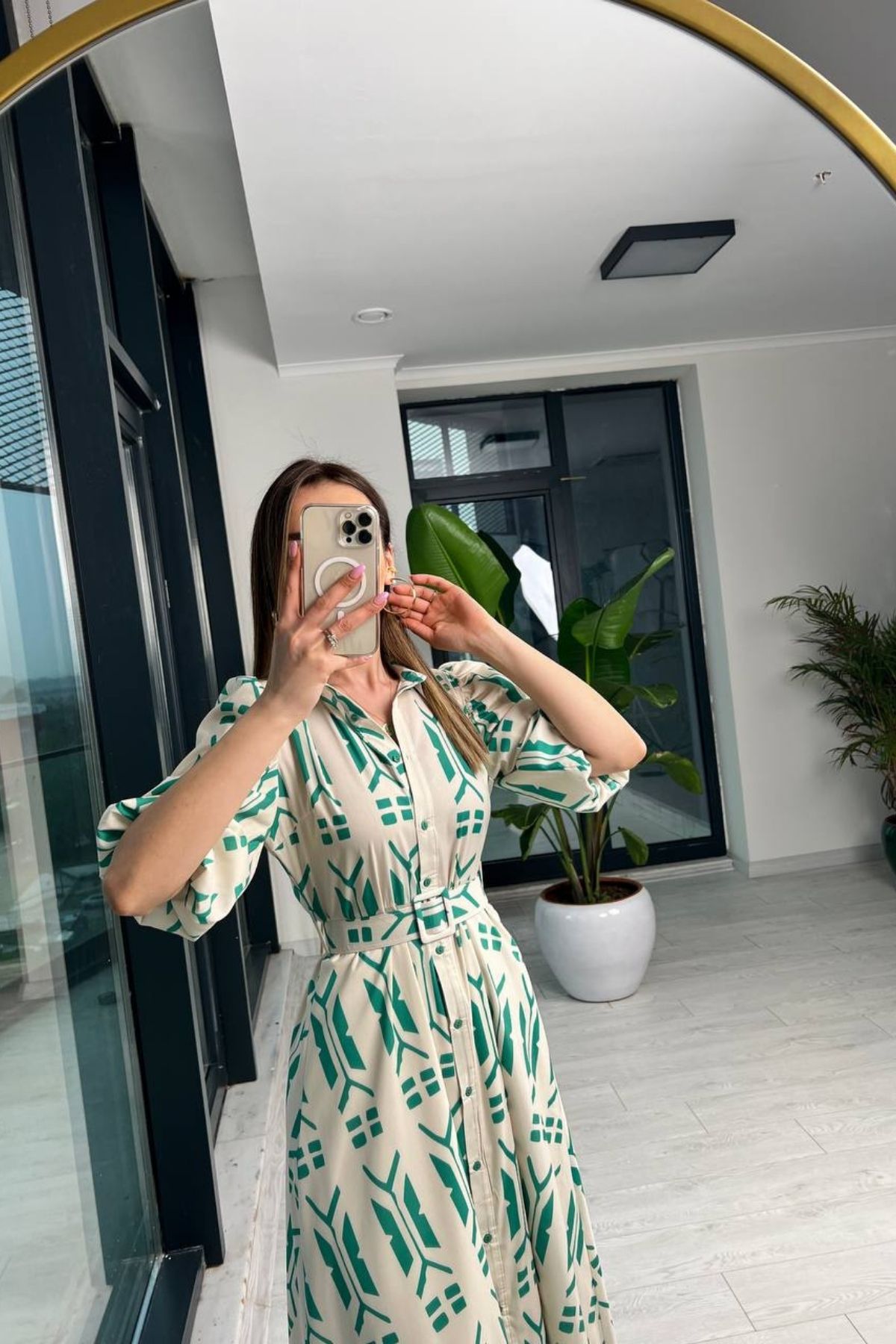 Krem%20Yeşil%20Desenli%20Astarlı%20Midi%20Boy%20Elbise