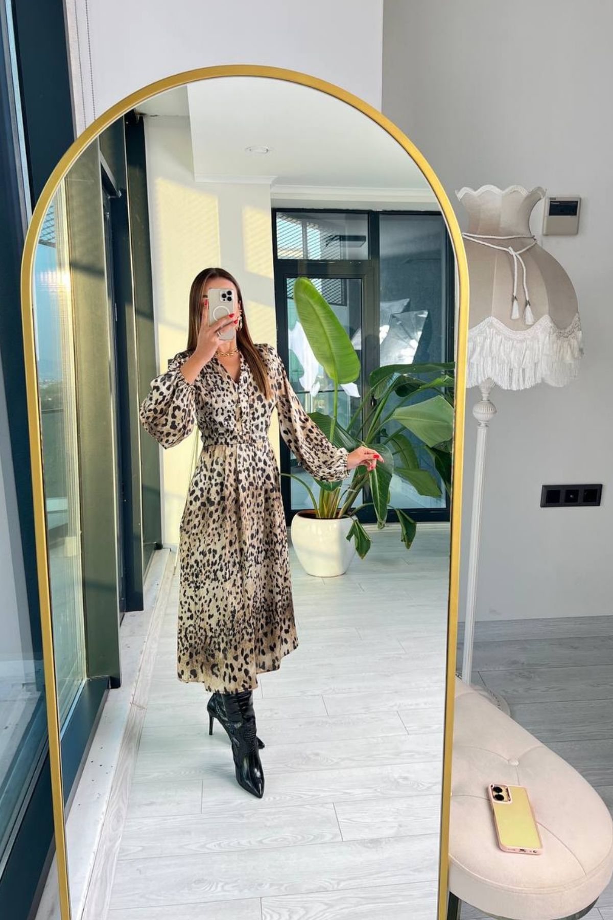 Fırsat%20Ürünü%20Lüks%20Kalite%20Pamuk%20Saten%20Astarlı%20Leopar%20Desen%20Elbise