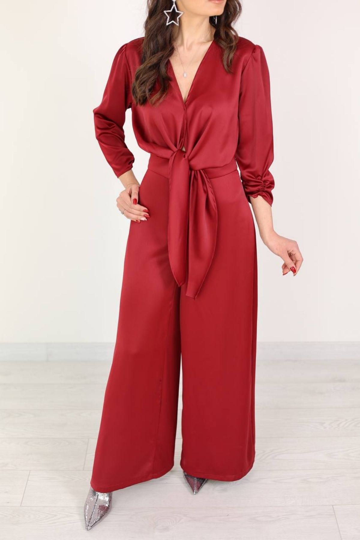 Bordo Tok Saten Pantolon Bluz Takım