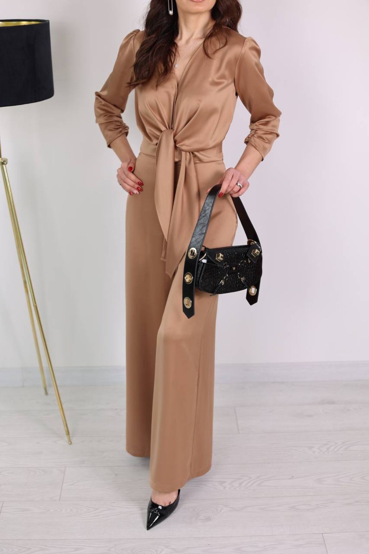 Camel Tok Saten Pantolon Bluz Takım