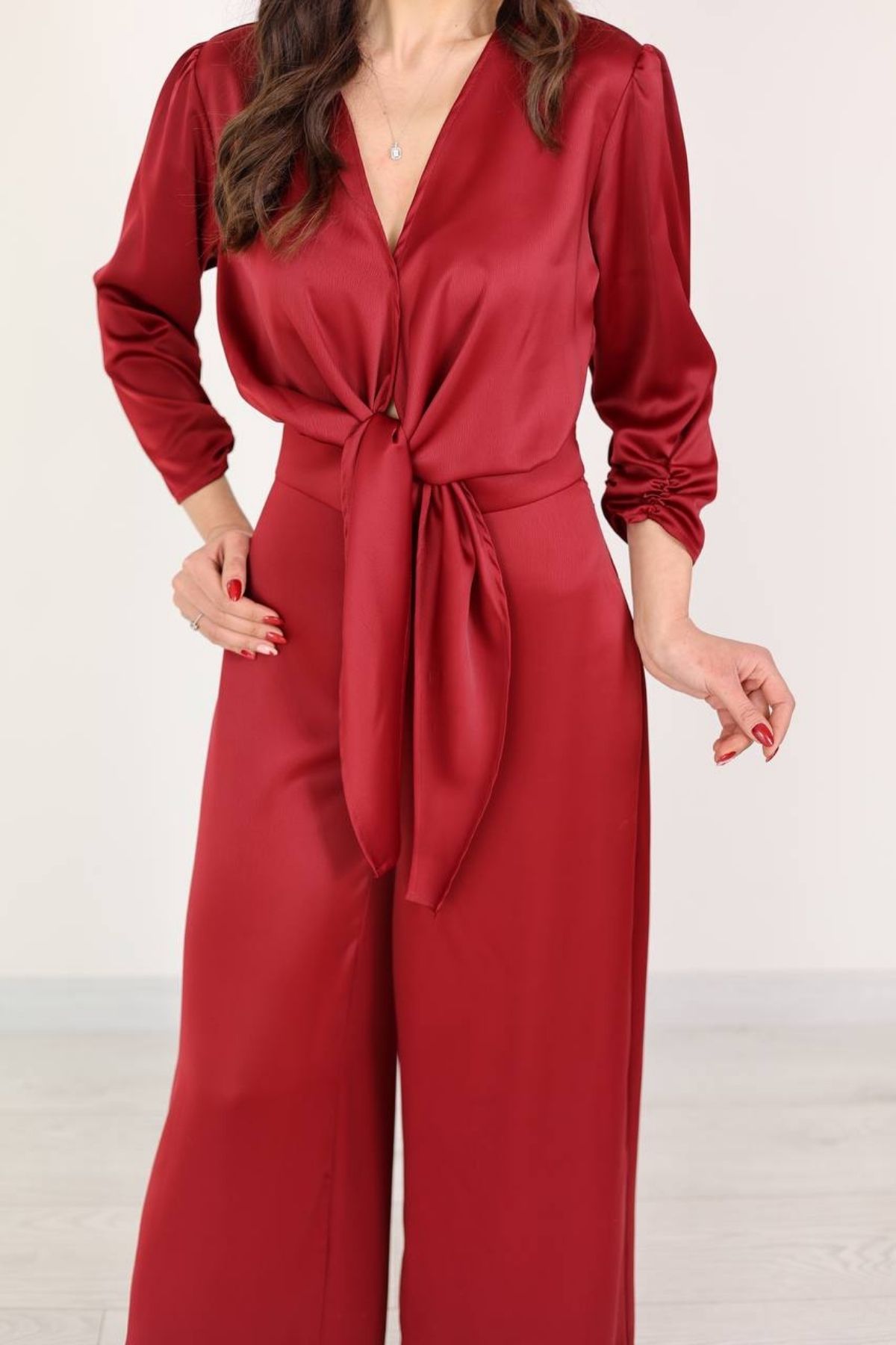 Bordo Tok Saten Pantolon Bluz Takım