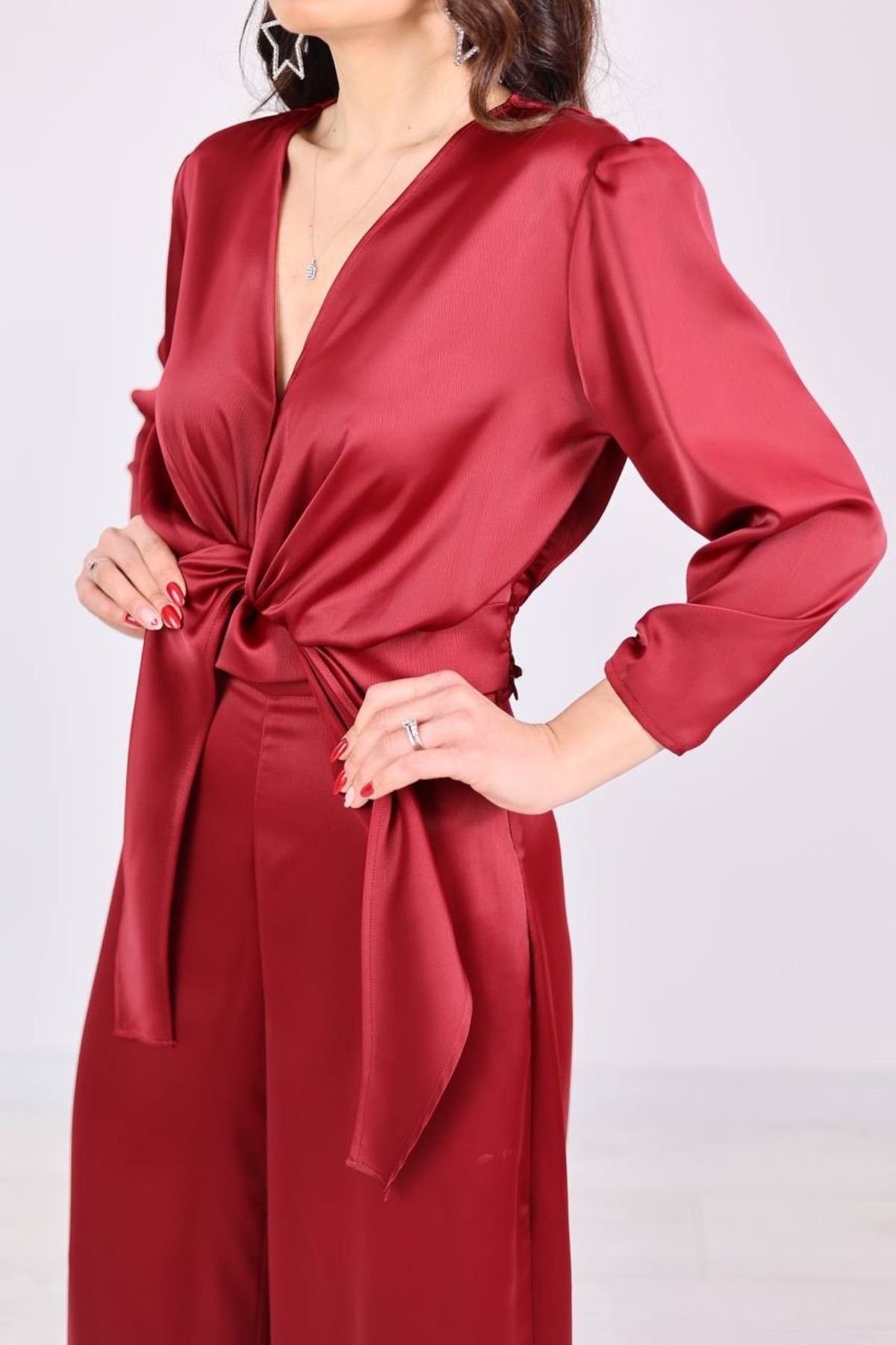 Bordo Tok Saten Pantolon Bluz Takım