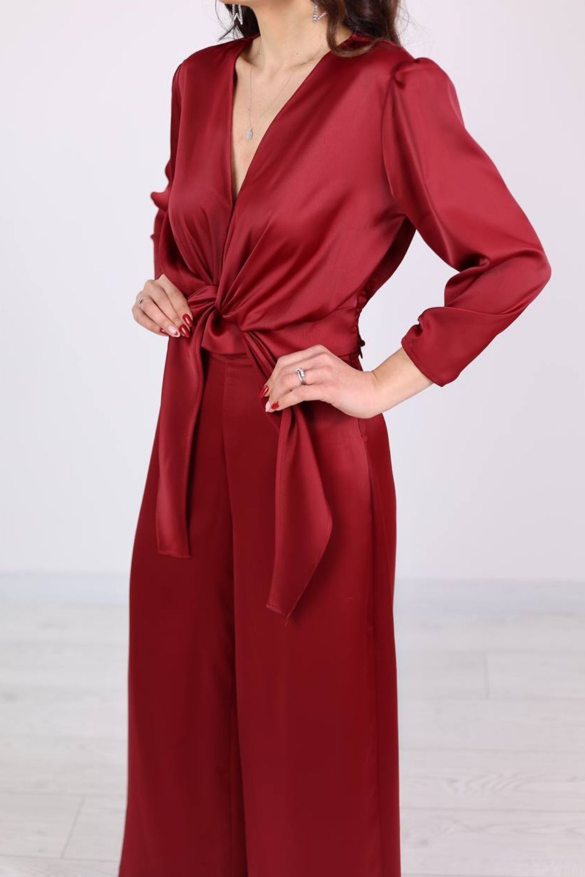 Bordo Tok Saten Pantolon Bluz Takım