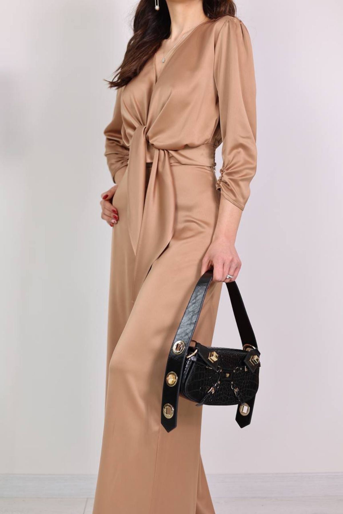 Camel Tok Saten Pantolon Bluz Takım