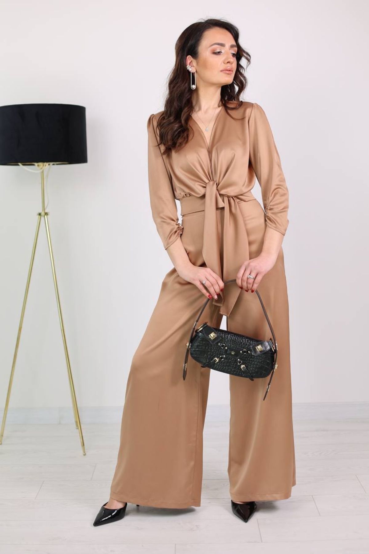 Camel Tok Saten Pantolon Bluz Takım