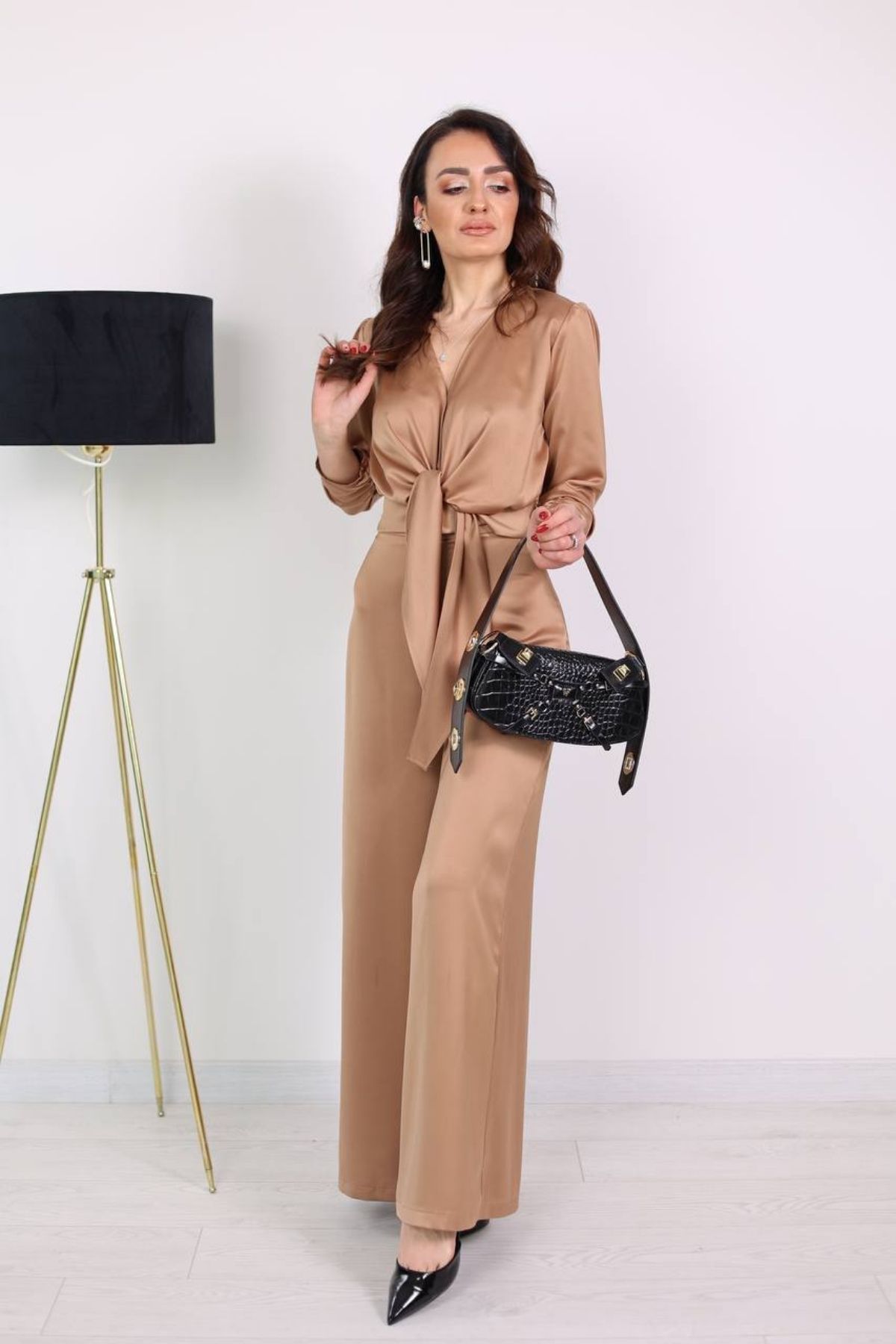Camel Tok Saten Pantolon Bluz Takım