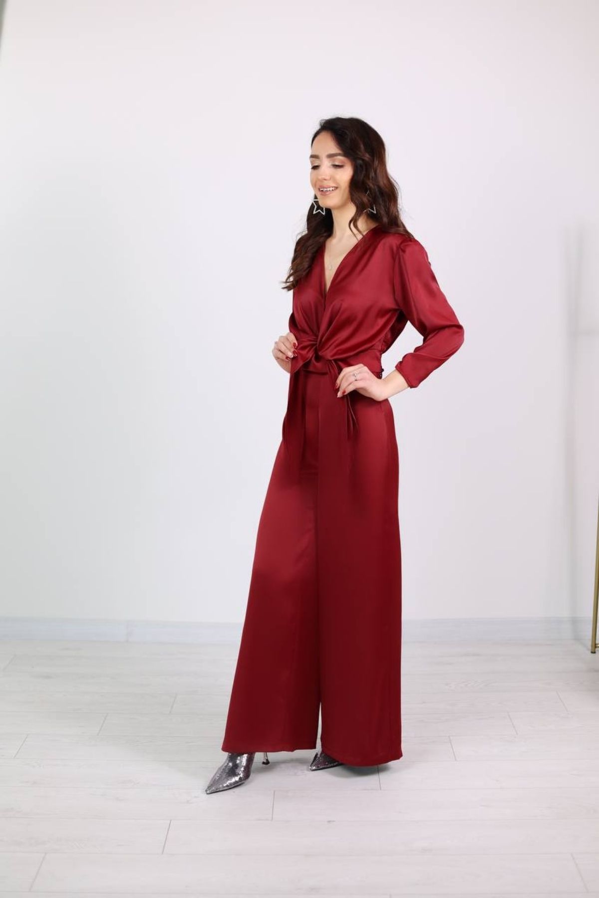 Bordo Tok Saten Pantolon Bluz Takım
