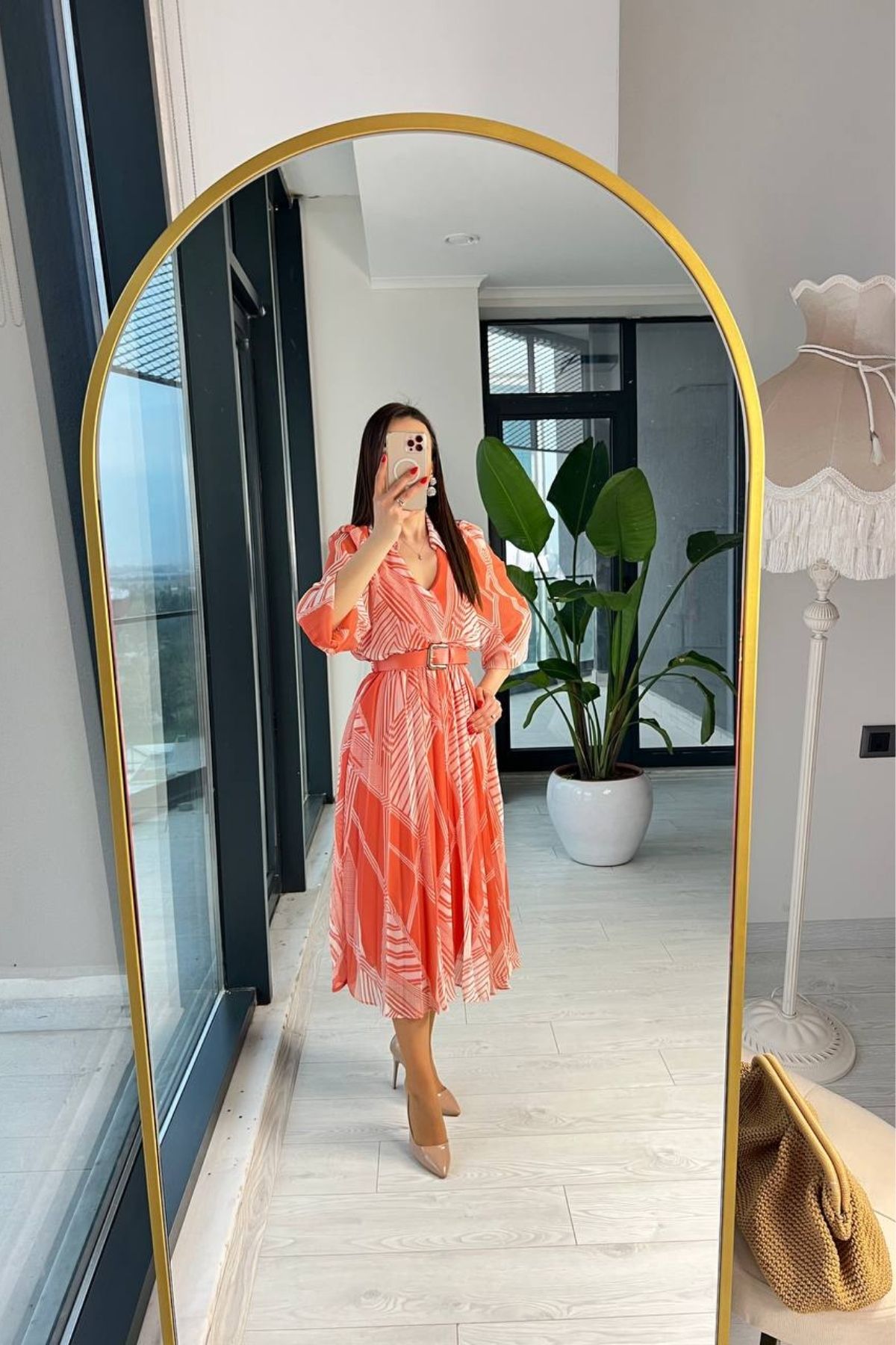 Orange%20Kemerli%20Astarlı%20Şifon%20Elbise