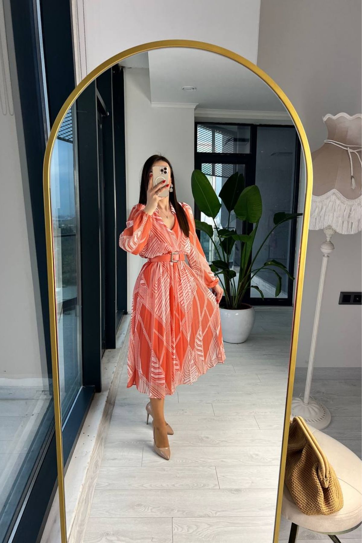 Orange%20Kemerli%20Astarlı%20Şifon%20Elbise
