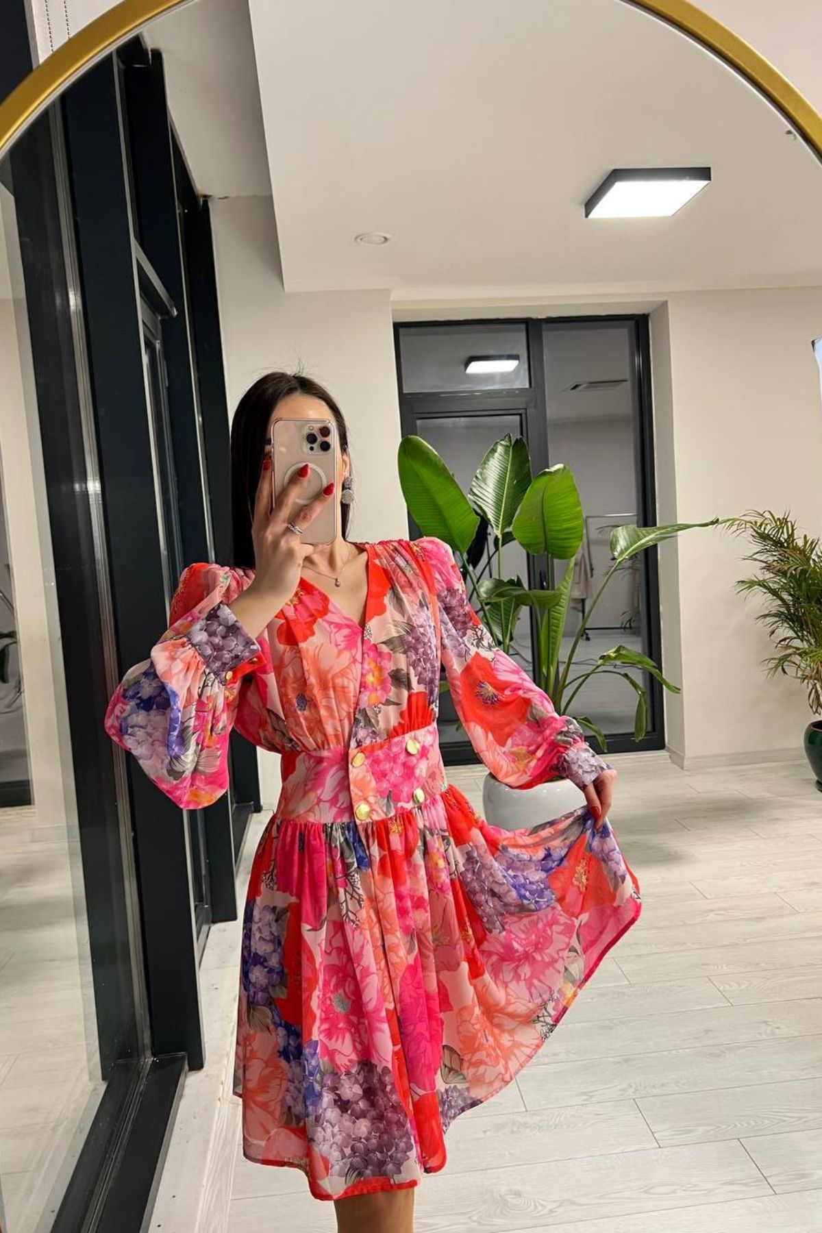 Tasarım%20Çiçek%20Desenli%20Vltn%20Model%20Şifon%20elbise