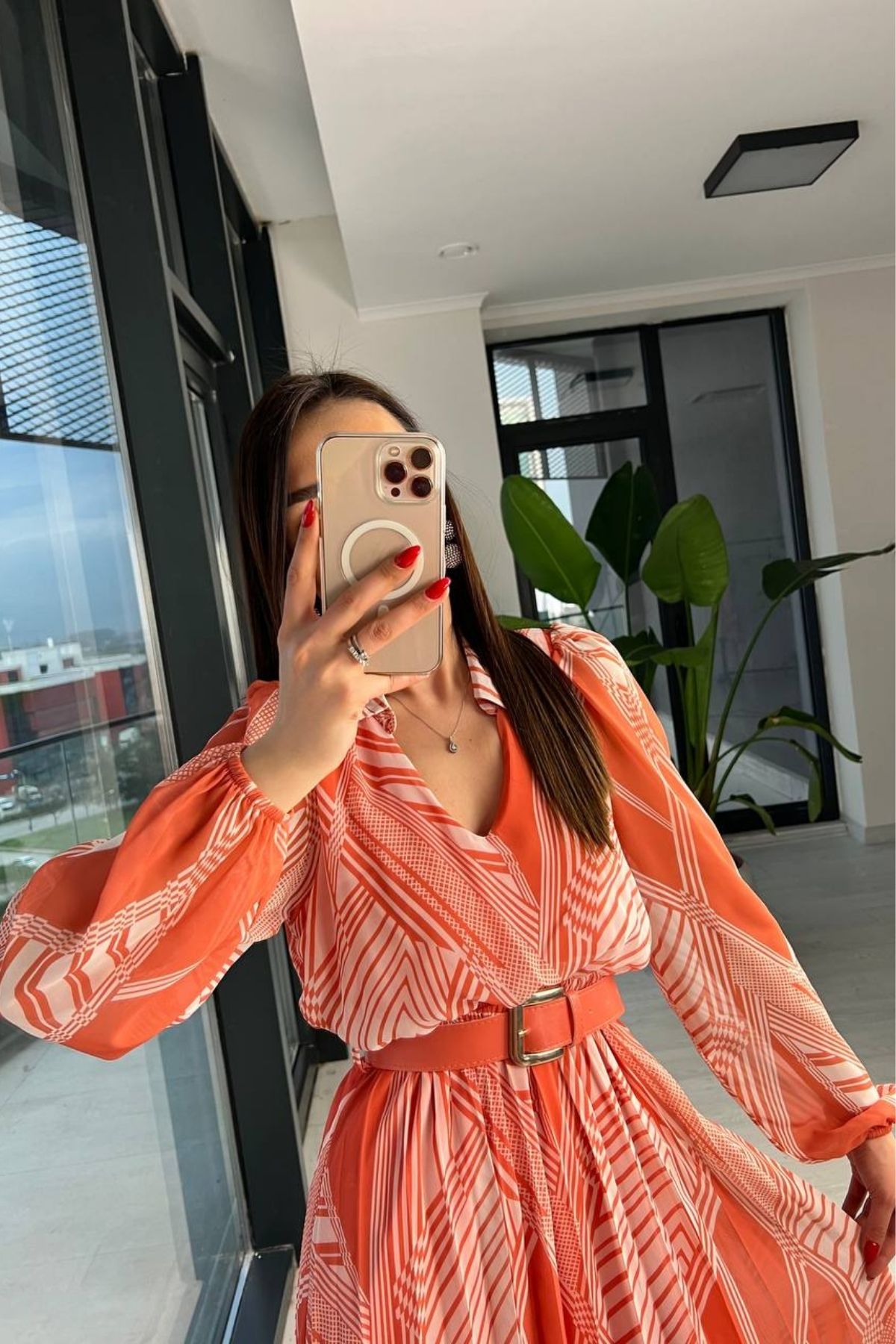 Orange%20Kemerli%20Astarlı%20Şifon%20Elbise