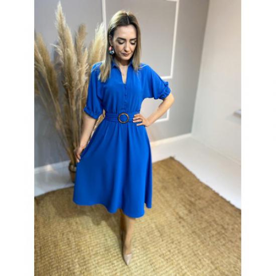 İndigo mavi kemerli aerobin kumaş elbise