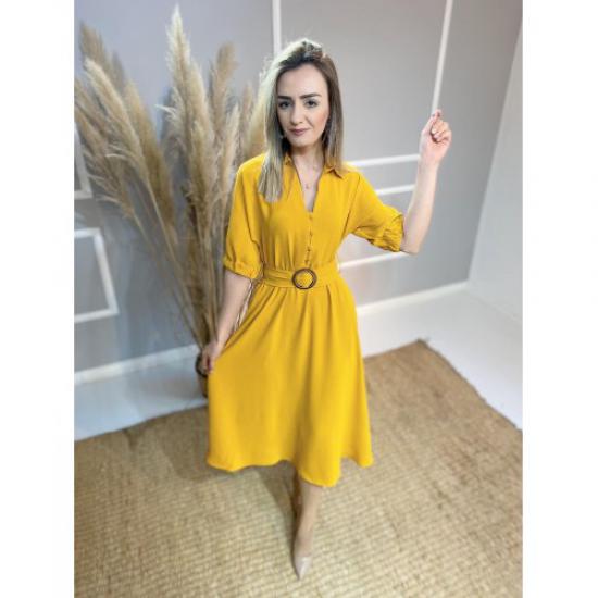 Hardal sarı kemerli aerobin kumaş elbise