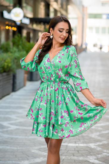 Yeşil Desenli Saten Mini Elbise