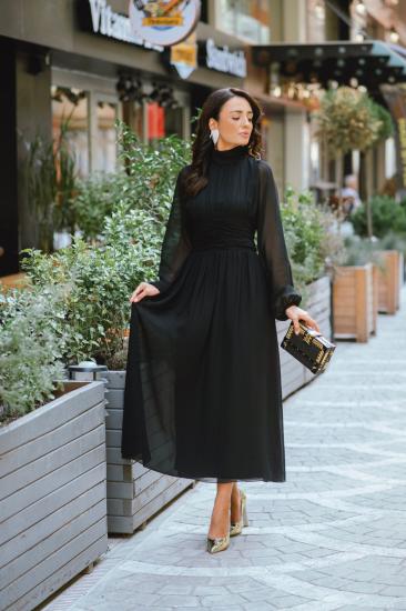 Siyah Tasarım Şifon Beli Korsajlı Elbise