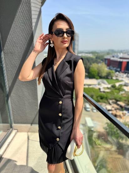 Siyah Tasarım Eteği Şifon Pilise Detay Elbise