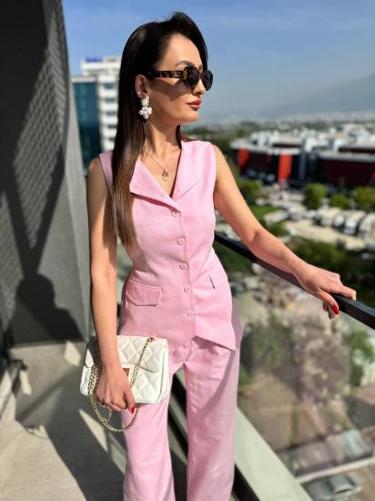 Pembe Astarlı Arkası Kemerli Premium Keten Yelek