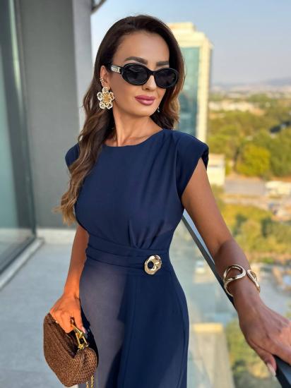 Lacivert Vatkalı Bel Detay Tensel Doku Elbise