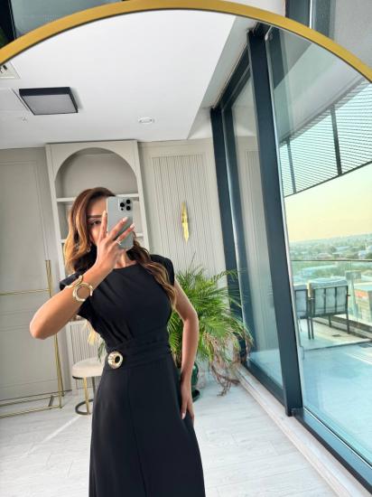 Siyah Vatkalı Bel Detay Tensel Doku Elbise