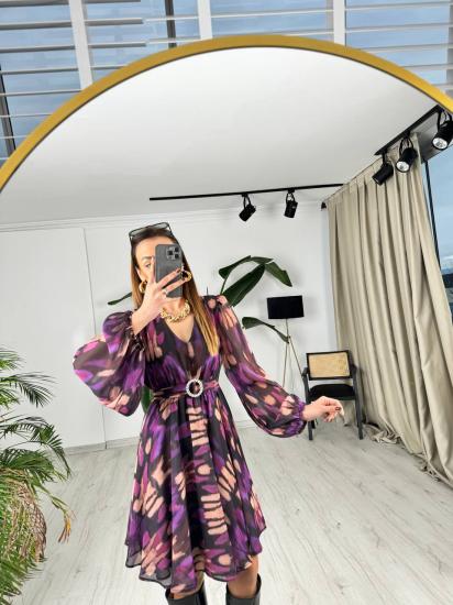 Mor Geçişli Kuşaklı Etekleri V Kesim Astarlı Şifon Elbise