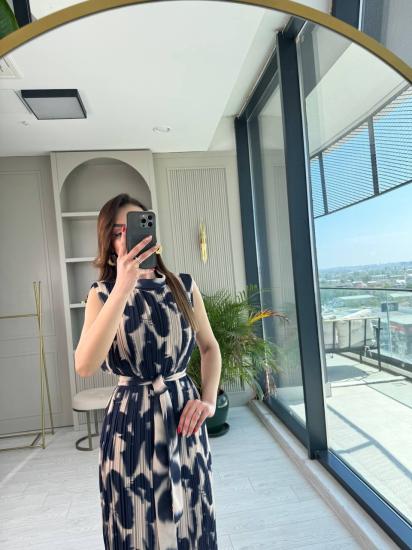 İndigo Desenli İnce Piliseli Astarlı Premium Şifon Elbise