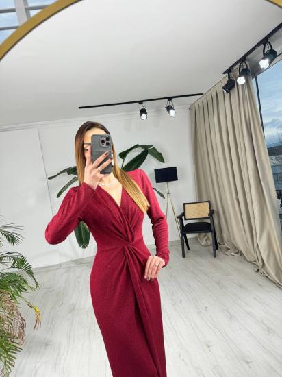 Bordo Kruvaze Yaka Bel Detaylı Vatkalı Işıltılı Elbise