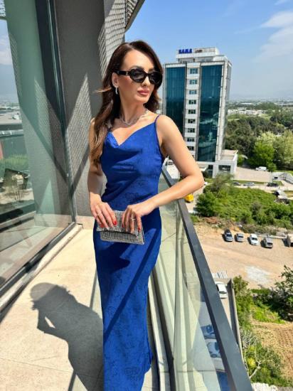 Saks Mavi Degaje Yaka Jakarlı Pamuk Saten Elbise