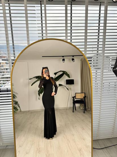 Siyah Etek Ve Kol Tül Detay Likralı Candy Kumaş Elbise