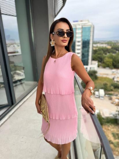 Pembe İnce Piliseli Katlı Astarlı Premium Şifon Elbise