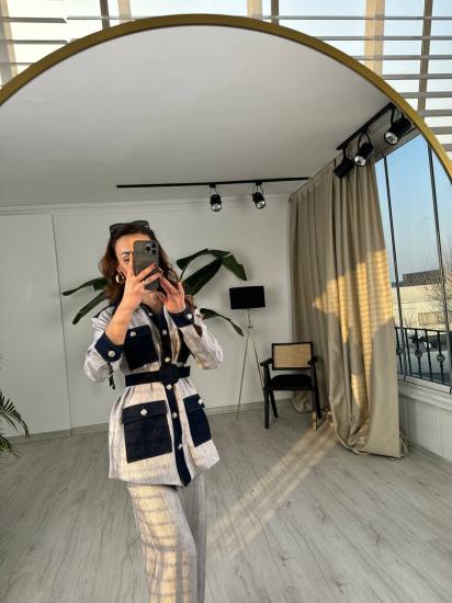 Gri Tasarım Jean Detay Kemerli Pantolon Ceket Takım