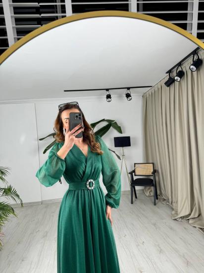 Zümrüt Yeşili Kuşaklı Parıltılı Kumaş Astarlı Midi Boy Elbise